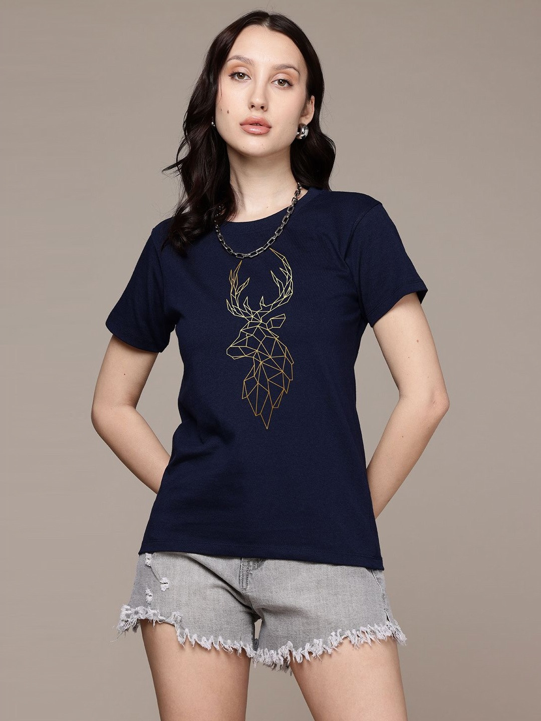 

Moda Rapido Women Graphic Printed Round Neck Regular Fit Cotton T-shirt, Navy blue