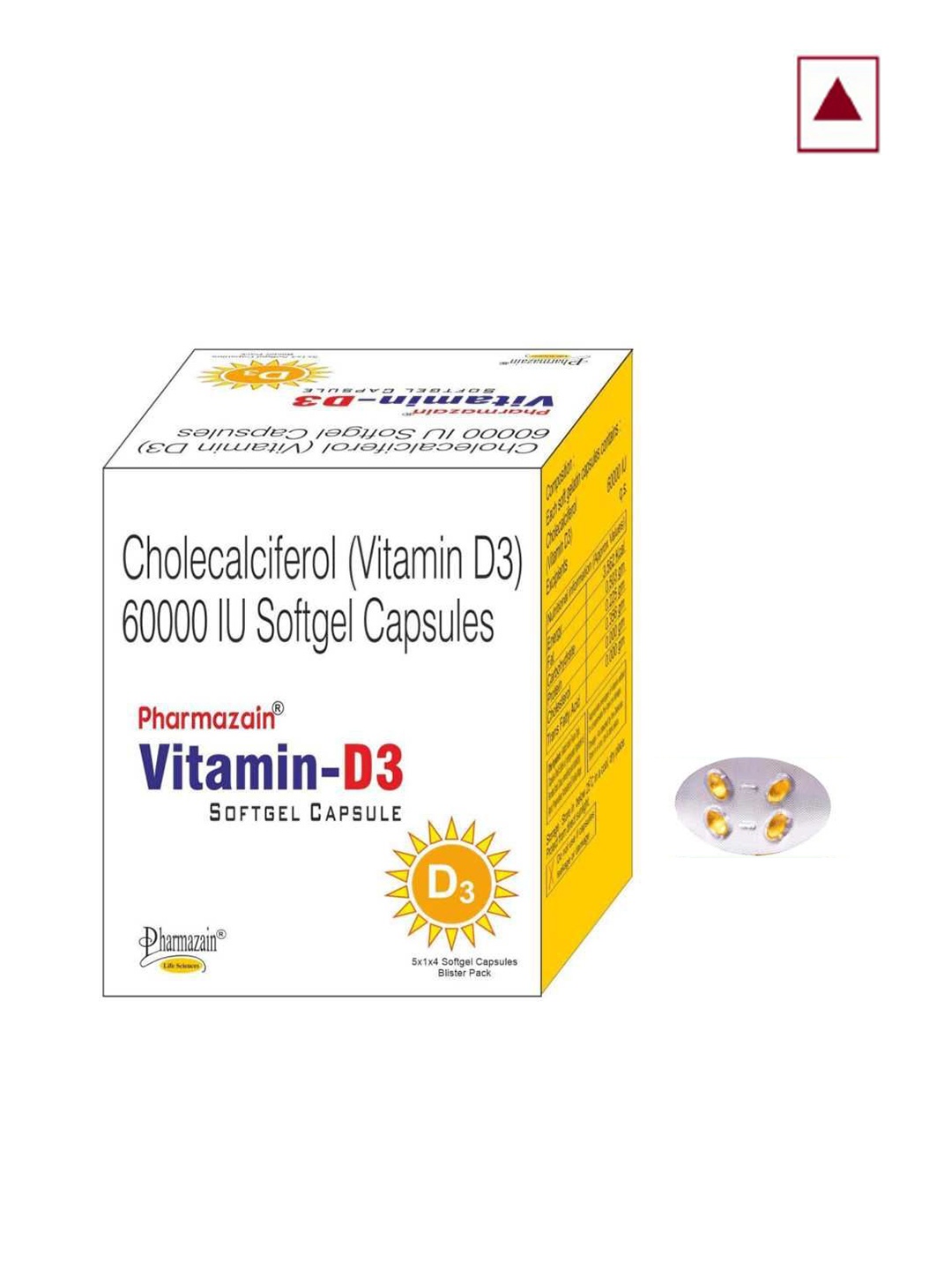 

PHARMAZAIN LIFE SCIENCES Vitamin-D3 Softgel Capsules - 60 Capsules, Yellow