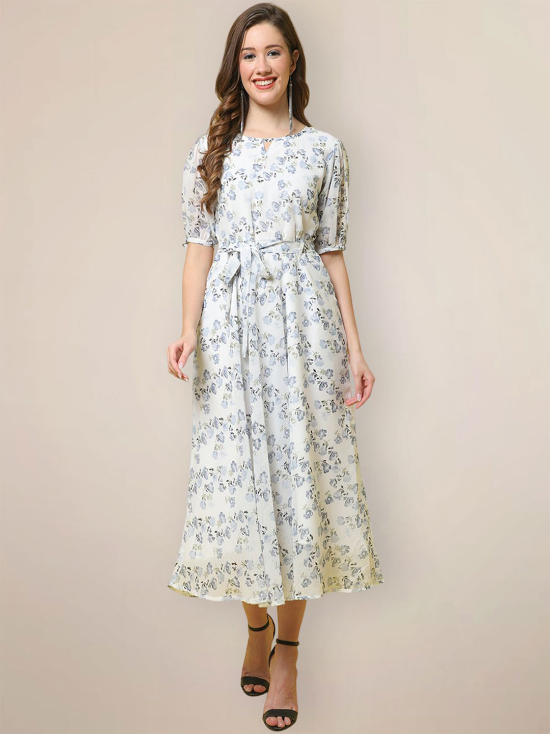 

Tromko Women Floral Printed Georgette Fit & Flare Midi Dress, White