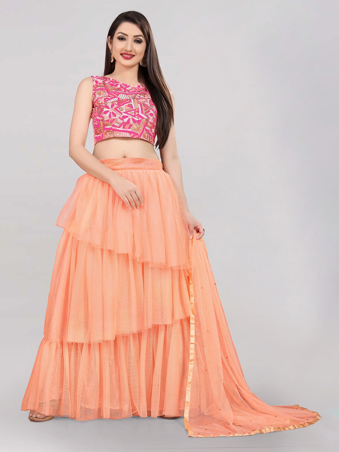 

DIVASTRI Embroidered Semi-Stitched Lehenga & Unstitched Blouse With Dupatta, Orange