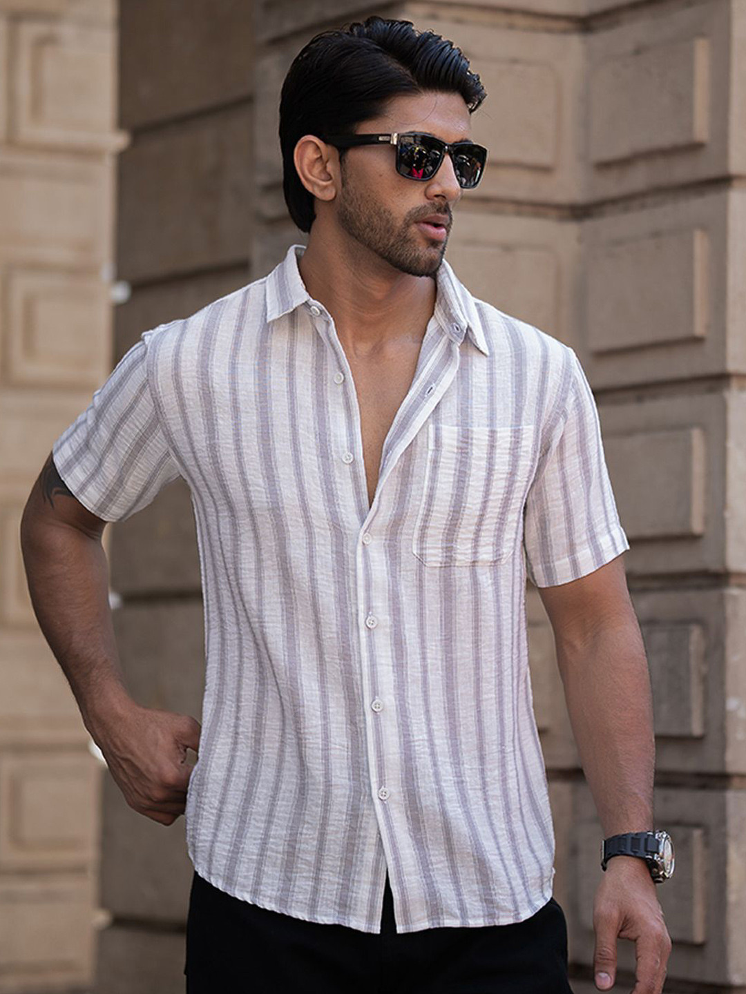 

Powerlook Men Opaque Striped Casual Shirt, Grey