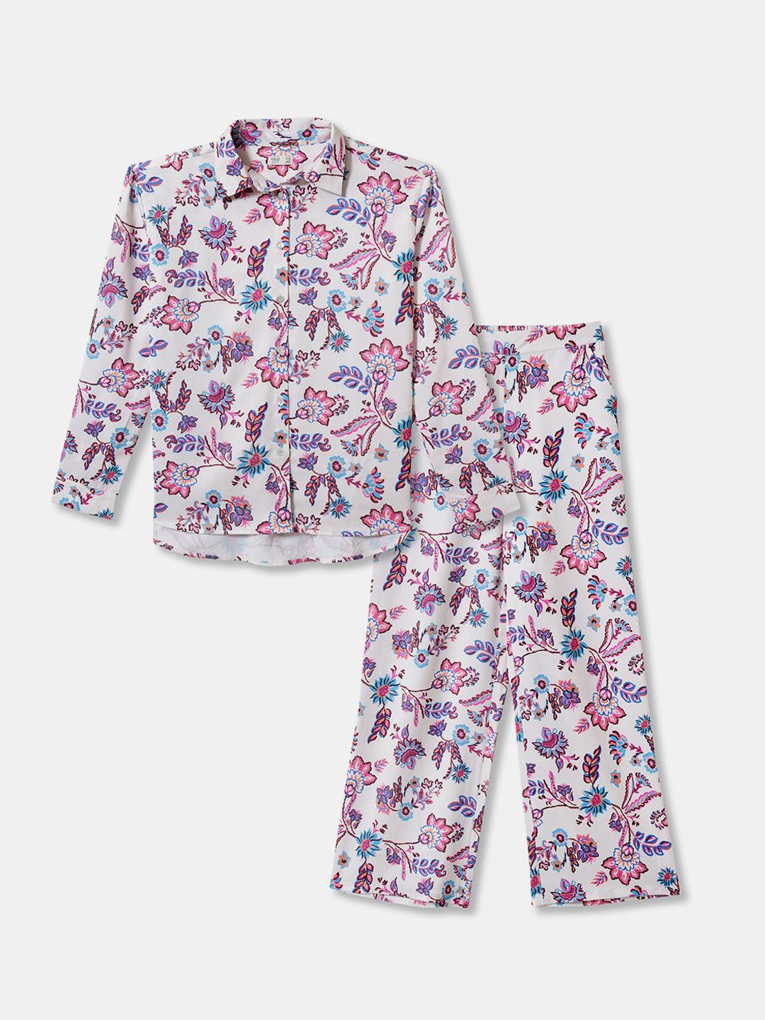 

R&B Girls Floral Printed Shirt Collar Neck Shirt With Trousers, White