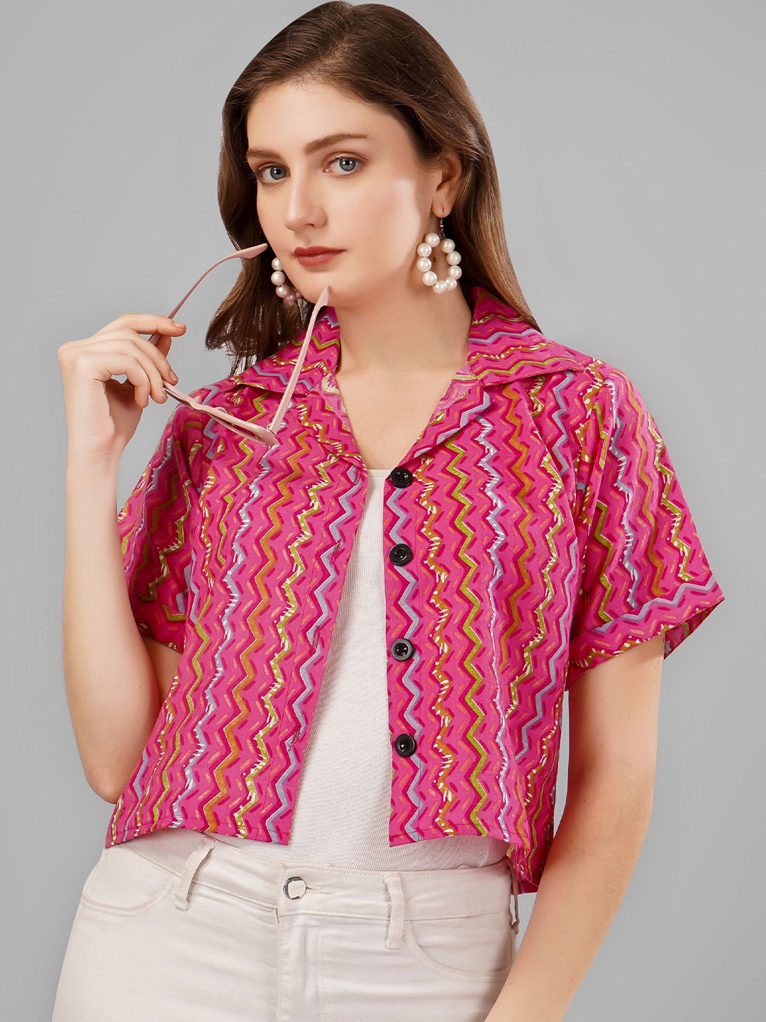 

Milastru Cotton Printed Party Crop Shirt, Pink