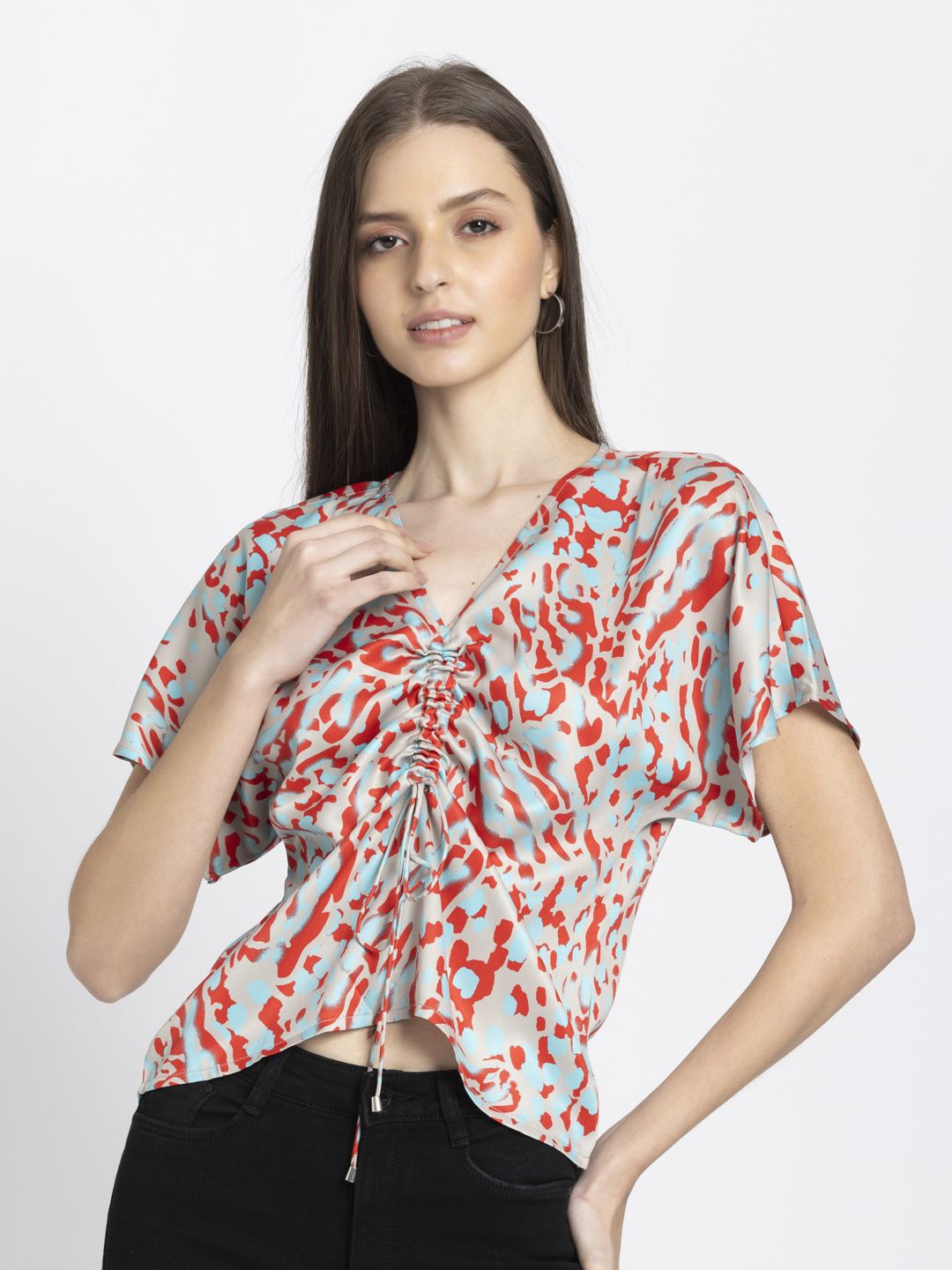 

SHAYE Women Beige V-Neck Printed Short Sleeves Casual Tops