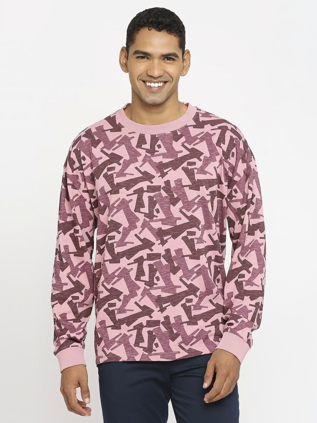 

Basics Men Abstract Printed Round Neck Cotton Relaxed Fit T-shirt, Pink