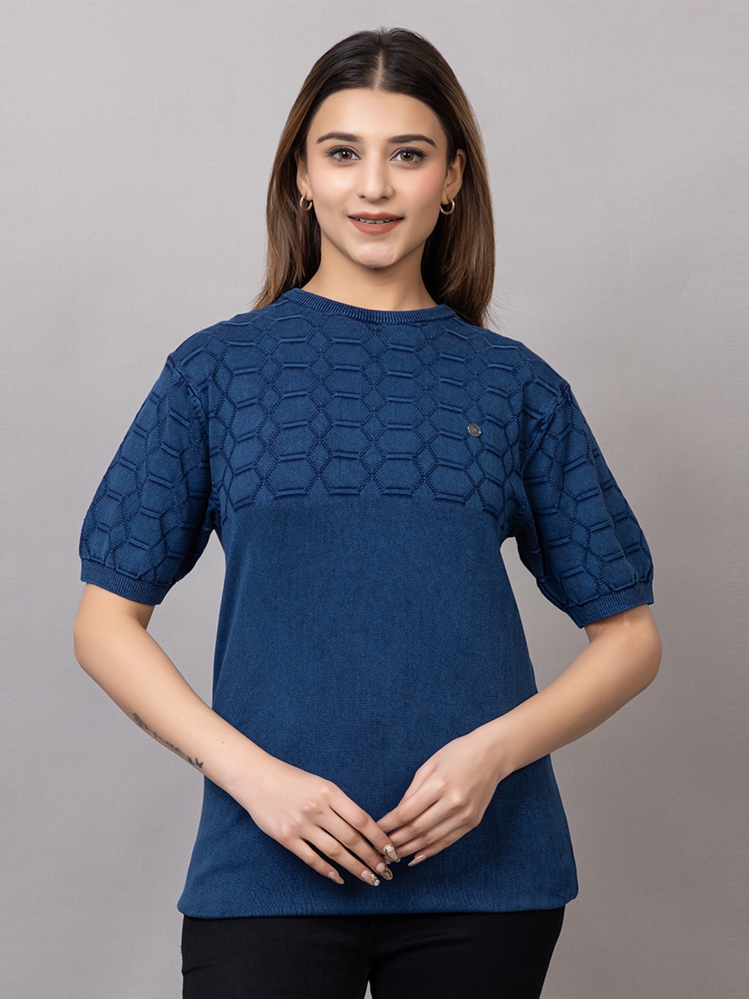 

Wool's Kart Women Self Design Round Neck T-shirt, Blue