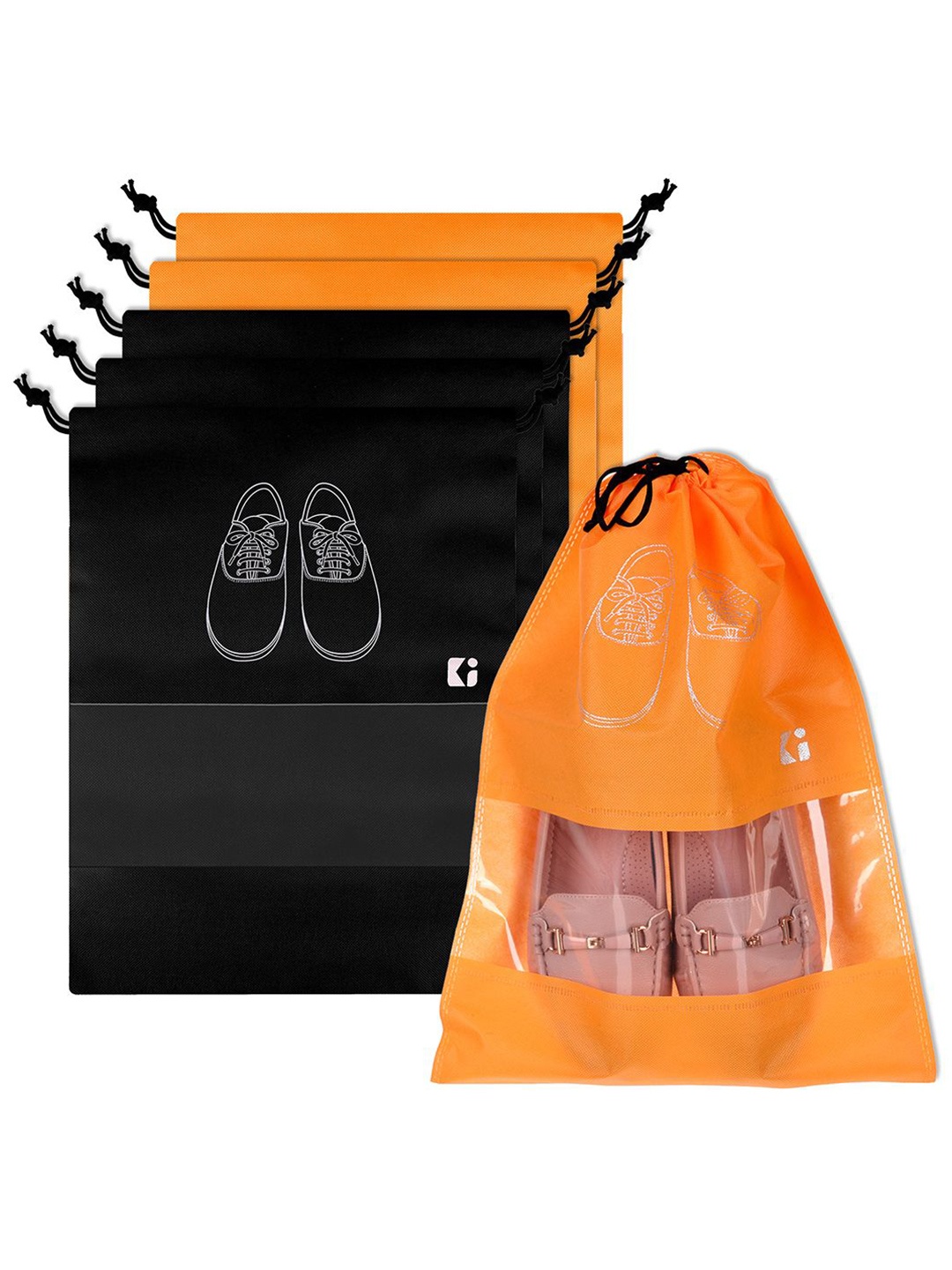 

Kuber Industries Black and Orange 6 Pieces Printed Shoe Cover Bags