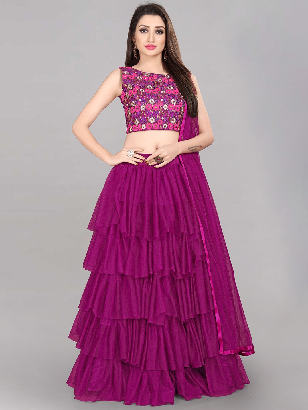 

DIVASTRI Embroidered Thread Work Semi-Stitched Lehenga Choli, Purple