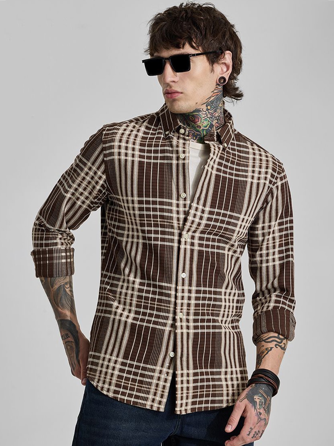 

Snitch Men Smart Slim Fit Opaque Checked Casual Shirt, Brown