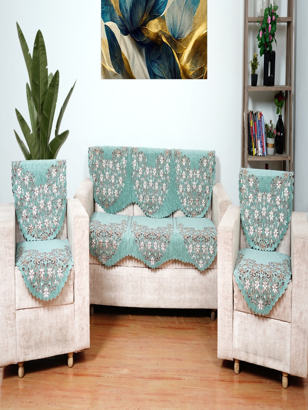 

Fashion Throw Green & White 6 Pieces Printed Jacquard 5 Seater Sofa Cover