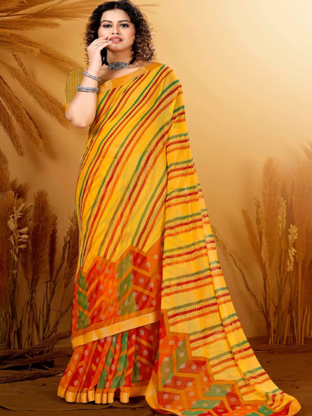 

SHOPPKEE Striped Sequinned Poly Chiffon Banarasi Saree, Yellow