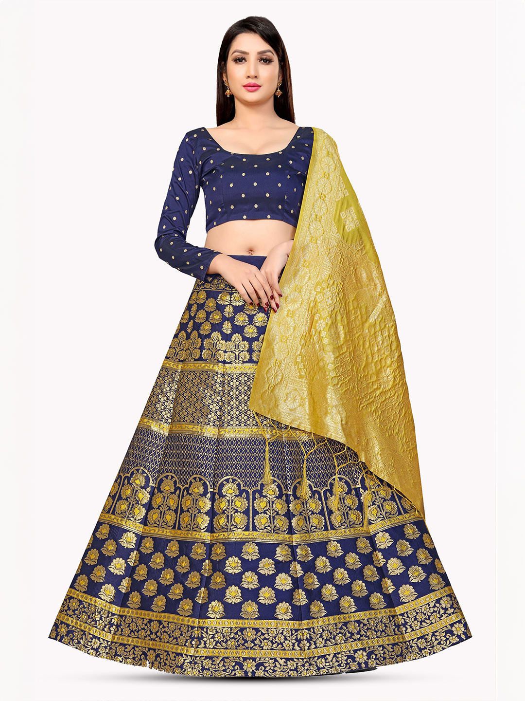 

DIVASTRI Floral Woven Design Jacquard Semi-Stitched Lehenga & Unstitched Blouse & Dupatta, Yellow
