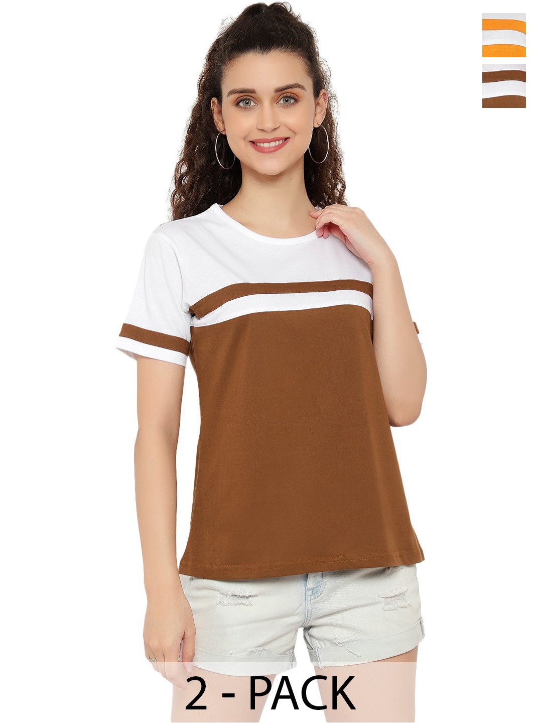 

DEEPMAYRA COLLECTION Women Pack Of 2 Colourblocked Round Neck Cotton T-shirts, Multi