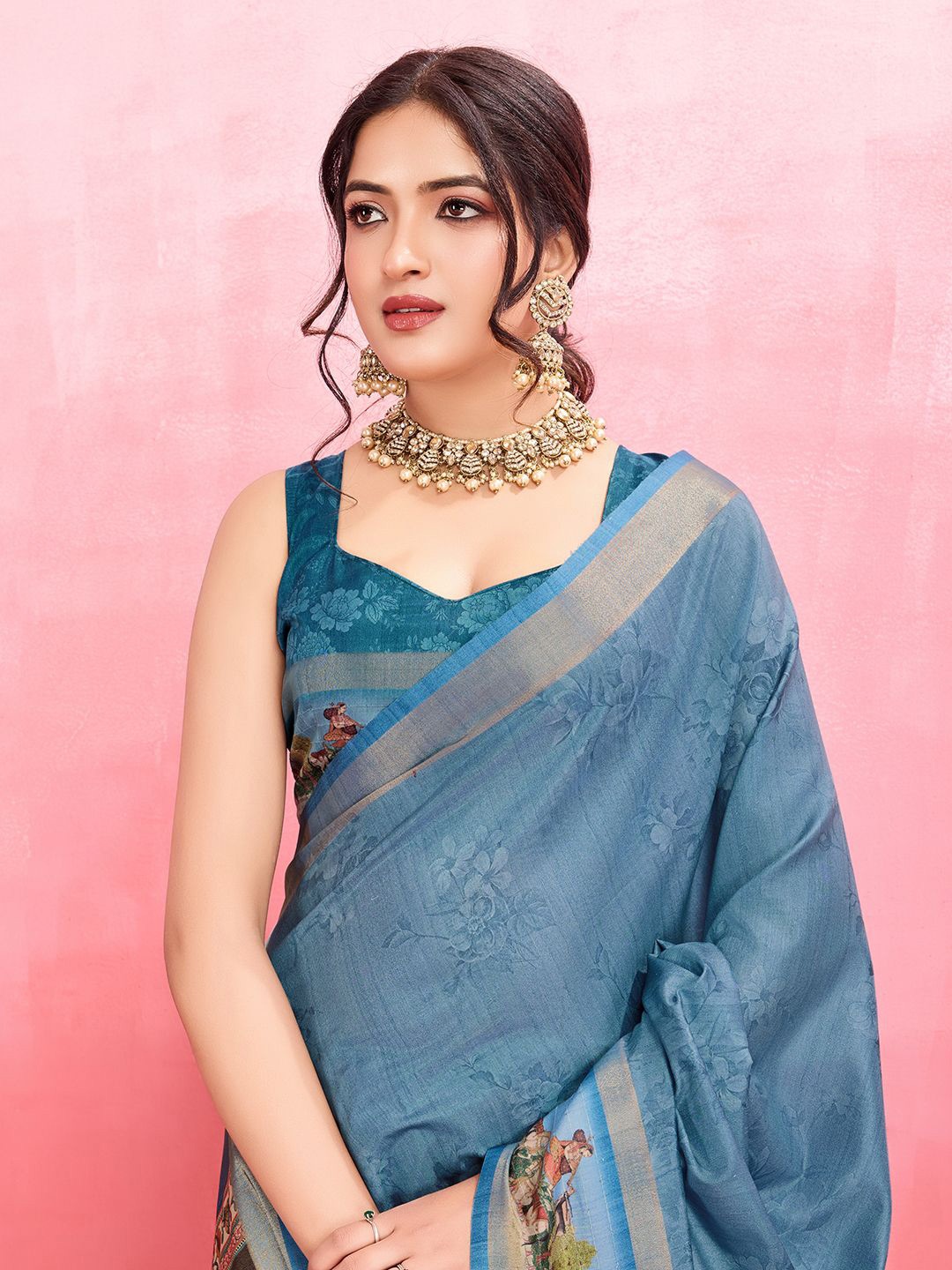 

Mitera Kalamkari Zari Pure Silk Saree, Blue