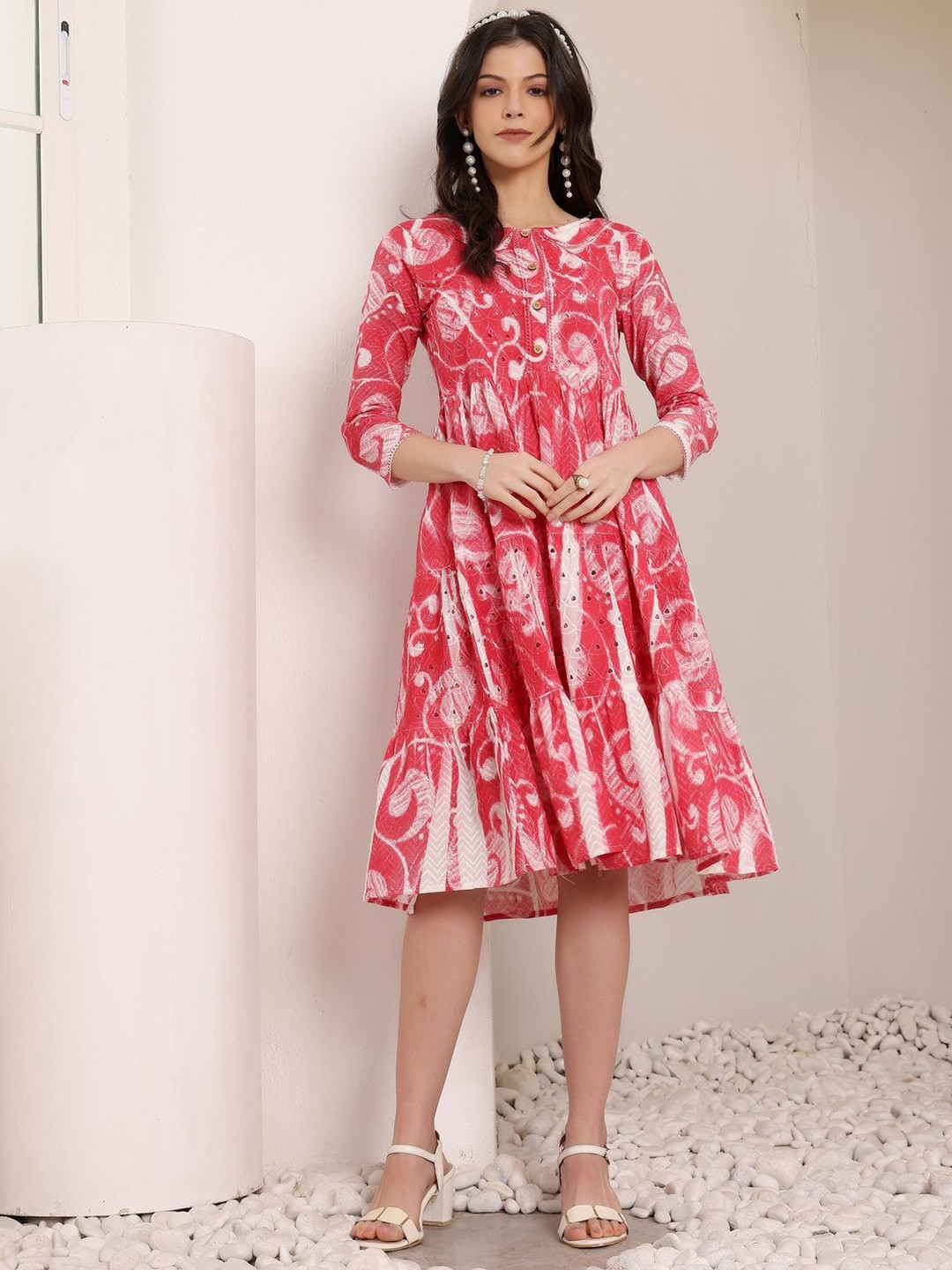 

all about you Women Floral Printed Schiffli Tiered Cotton Fit & Flare Dress, Red