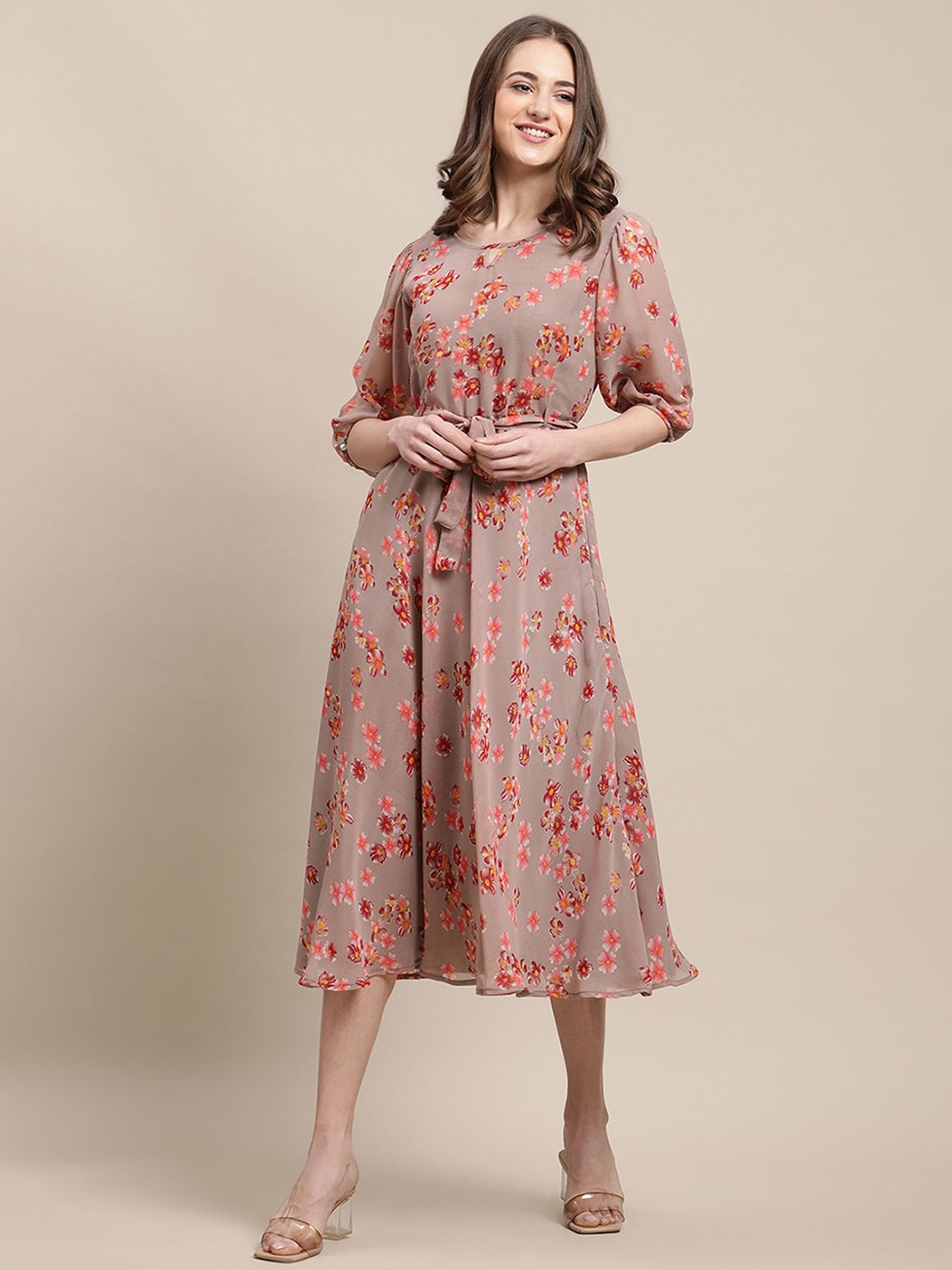 

Tromko Women Floral Print Fit & Flare Midi Dress Comes with a belt, Brown