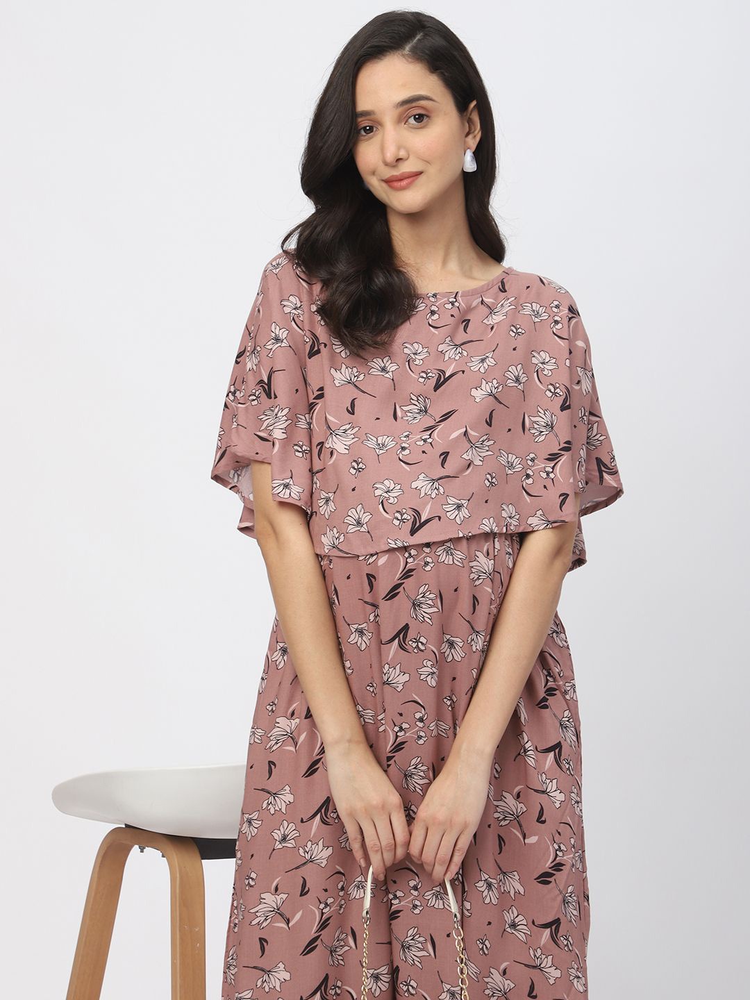

Mystere Paris Women Floral Printed Round Neck Flared Sleeves Maternity A-Line Dress, Brown