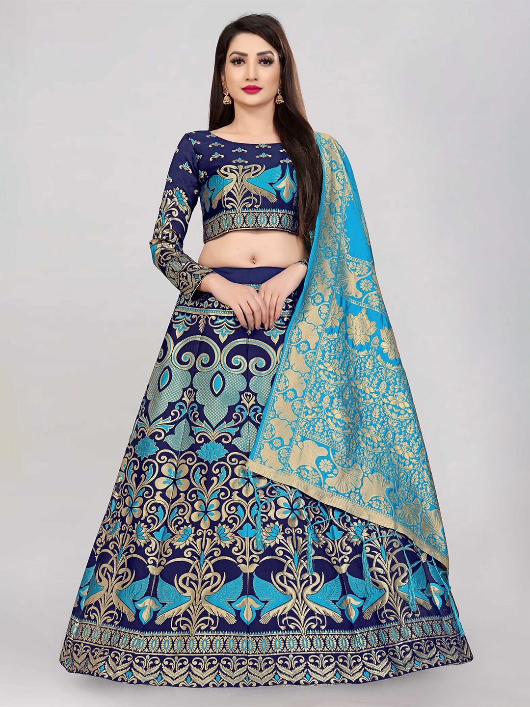 

DIVASTRI Floral Woven Design Jacquard Semi-Stitched Lehenga & Unstitched Blouse & Dupatta, Blue