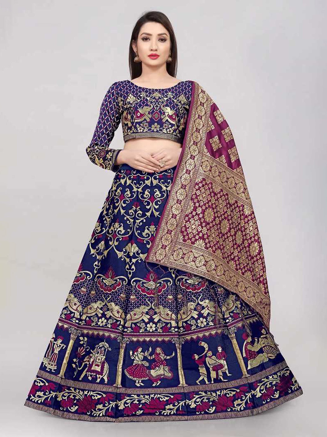 

DIVASTRI Floral Woven Design Jacquard Semi-Stitched Lehenga & Unstitched Blouse & Dupatta, Purple