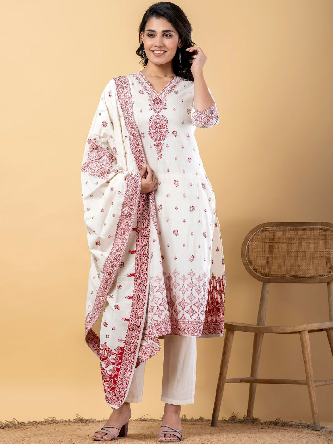 

Readiprint Floral Thread Work V-Neck Straight Kurta with Trouser & Dupatta, Off white