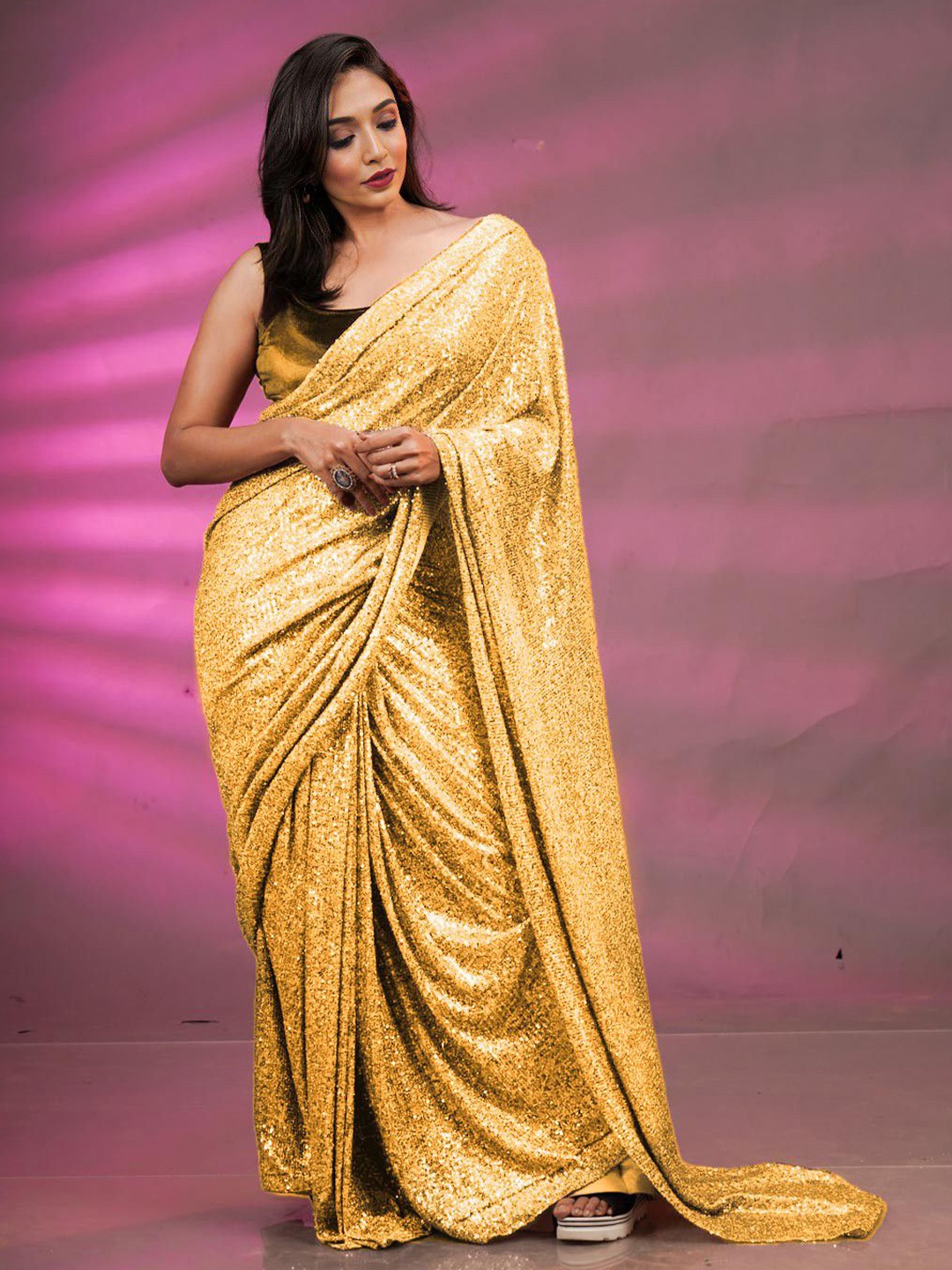 

MADHUR HAND WORK ART Sequinned Embellished Heavy Work Saree, Gold