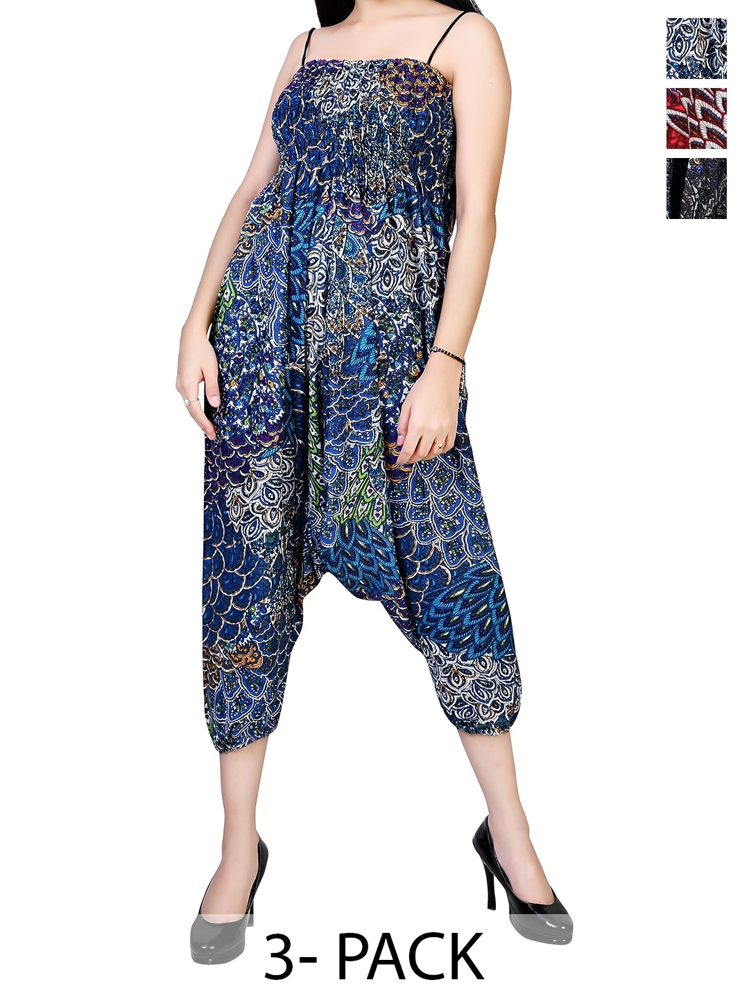

NarNari Pack Of 3 Printed Mid-Rise Harem Pants, Navy blue