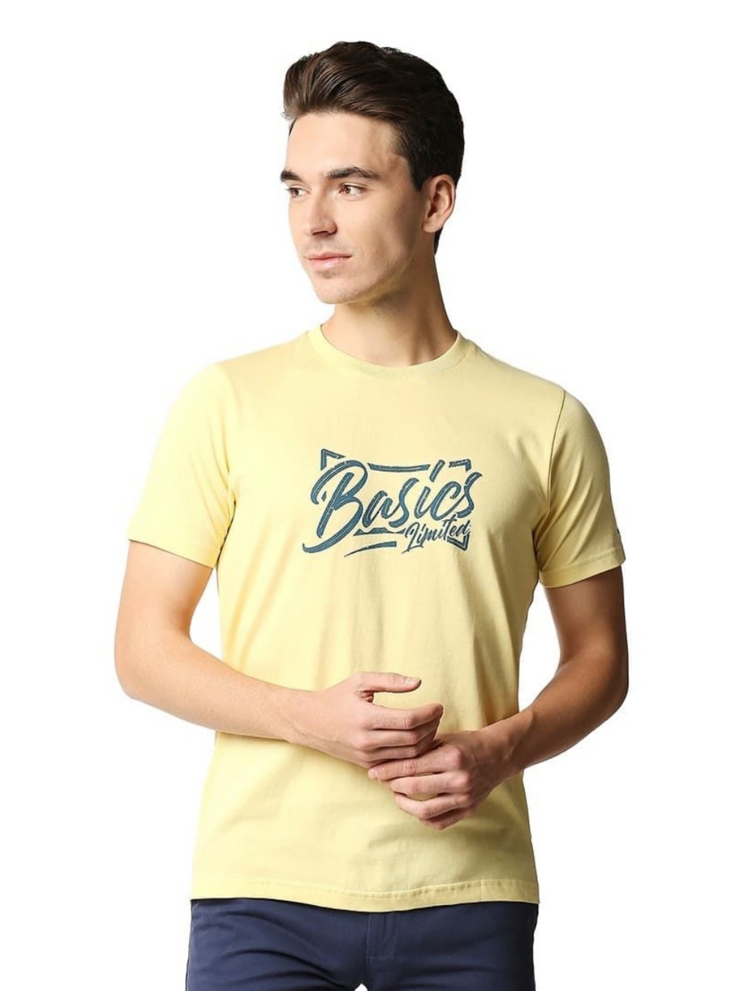 

Basics Men Typography Printed Round Neck Cotton Slim Fit T-shirt, Yellow