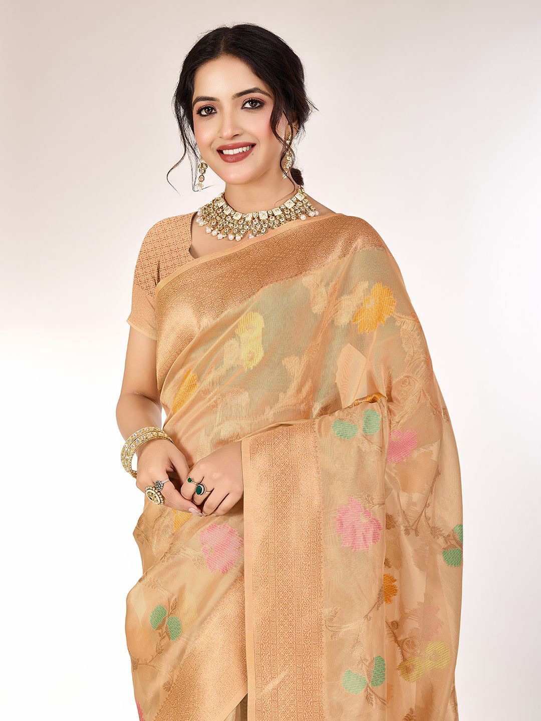 

all about you Woven Design Zari Organza Saree, Gold