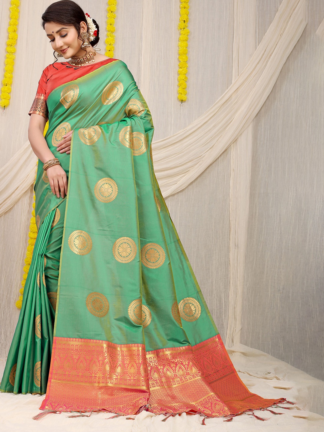 

Kandora Woven Design Pure Silk Paithani Saree, Sea green