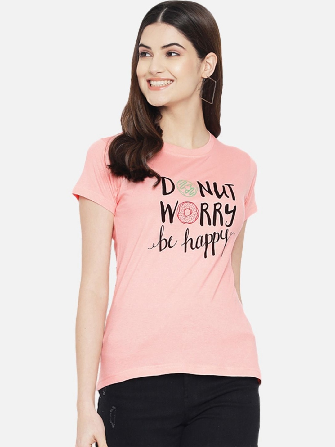 

Tromko Women Typography Printed Round Neck Regular Fit Cotton T-shirt, Peach