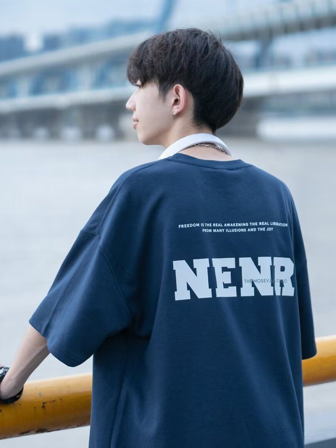 

HERE&NOW Men Typography Printed Round Neck Cotton Relaxed Fit T-shirt, Blue