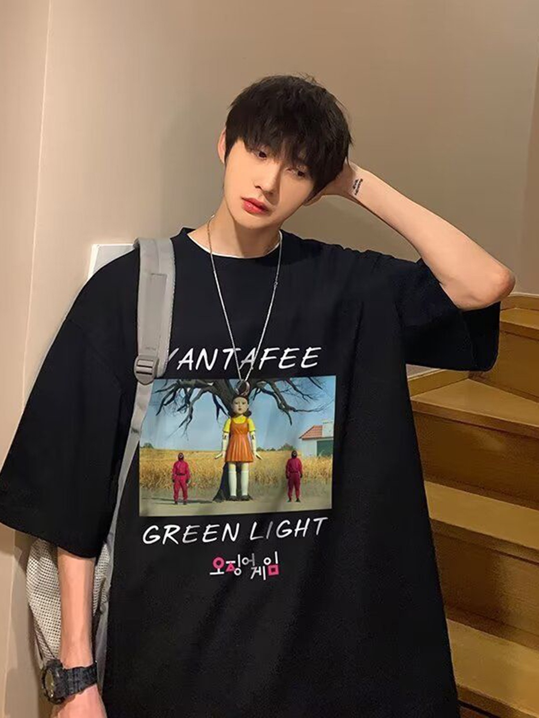 

HERE&NOW Men Photographic Printed Round Neck Cotton Oversized T-shirt, Black