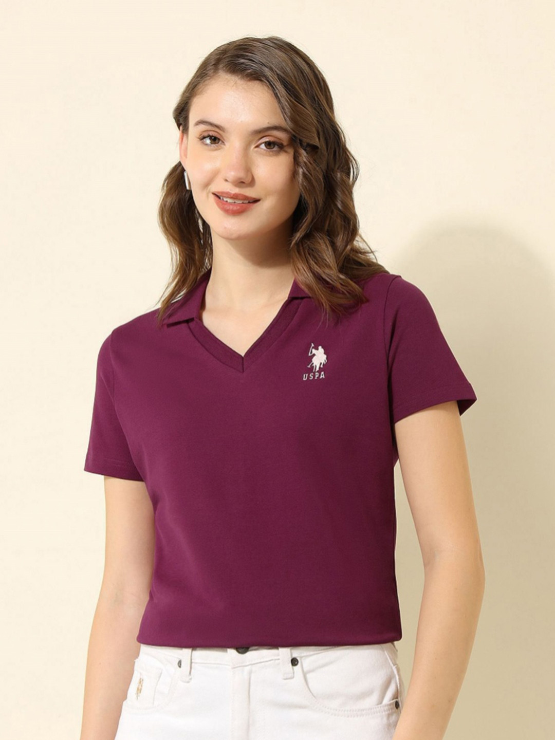 

U.S. Polo Assn. Women Solid Polo Collar Cotton T-shirt, Burgundy