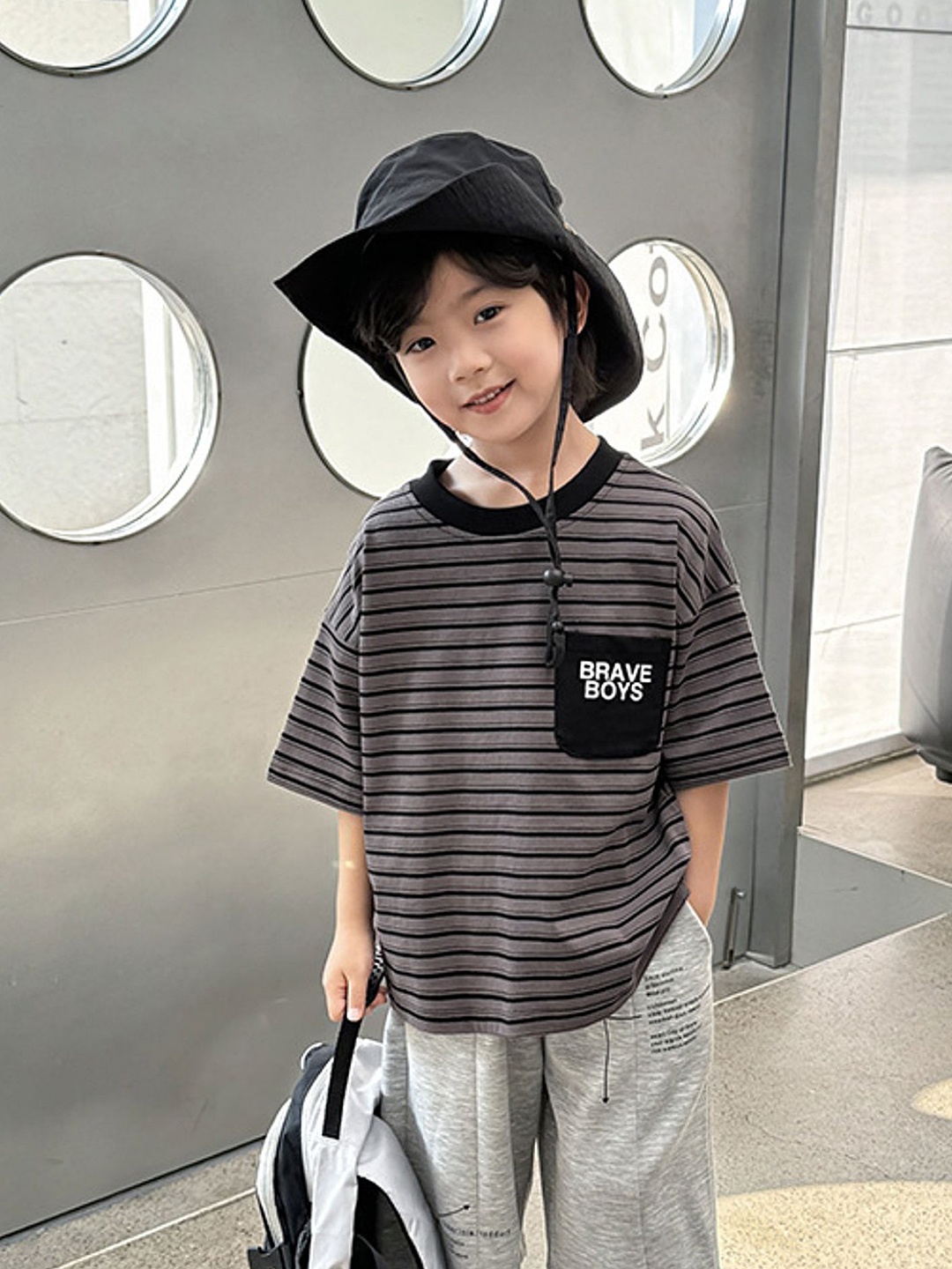 

LULU & SKY Boys Striped Round Neck Oversized Cotton T-shirt, Brown