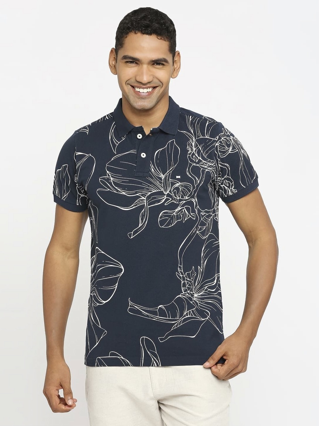 

Basics Men Floral Printed Polo Collar Cotton Muscle Fit T-shirt, Navy blue