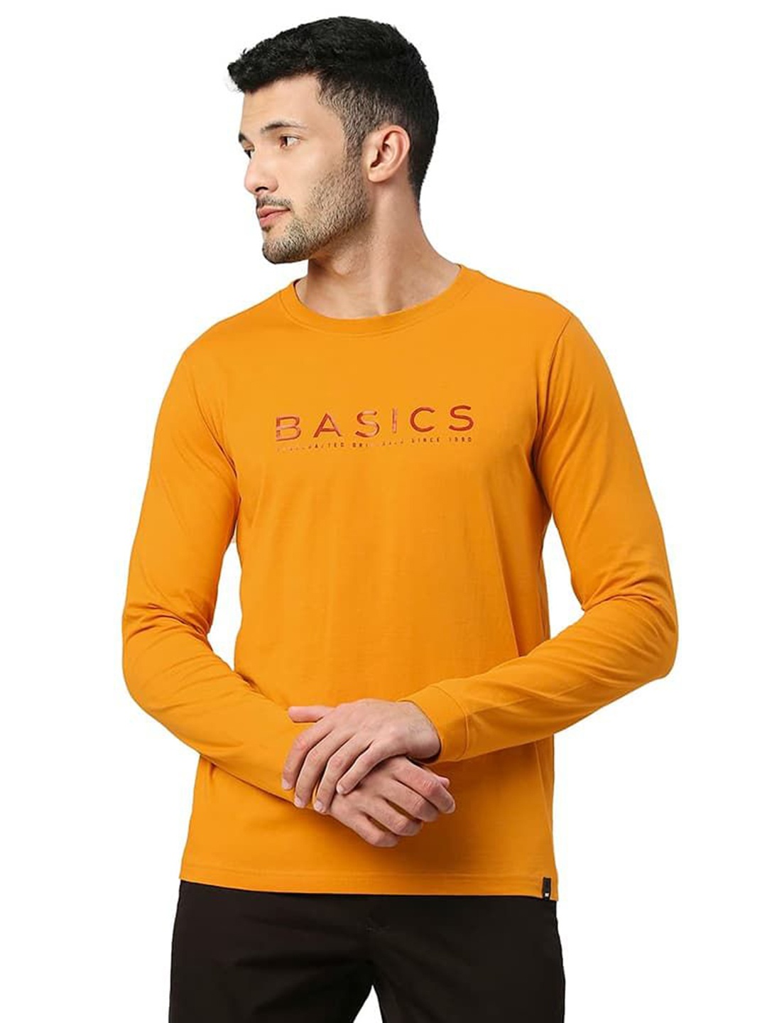 

Basics Men Typography Printed Round Neck Cotton T-shirt, Yellow