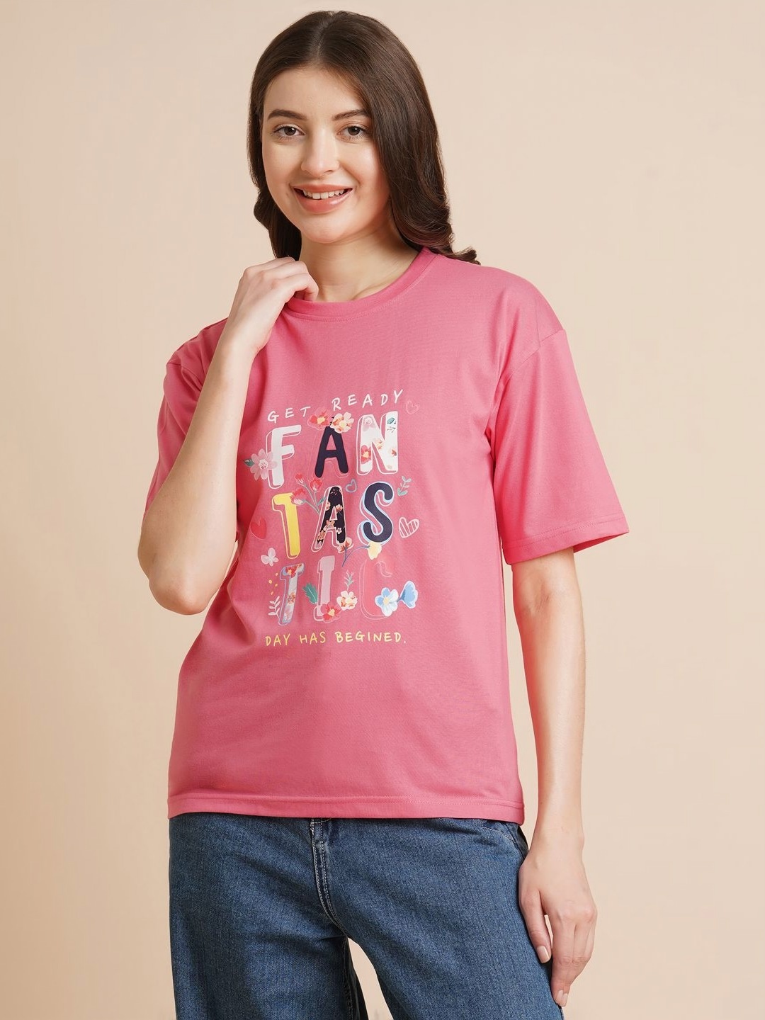 

ANJIR Women Typography Printed Round Neck T-shirt, Pink