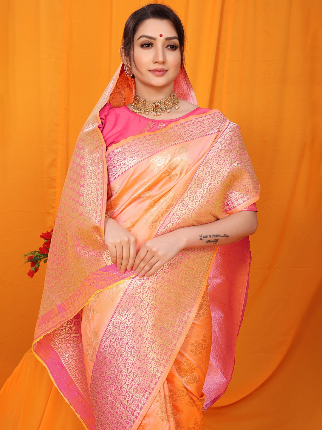

Kandora Woven Design Zari Pure Silk Banarasi Saree, Peach