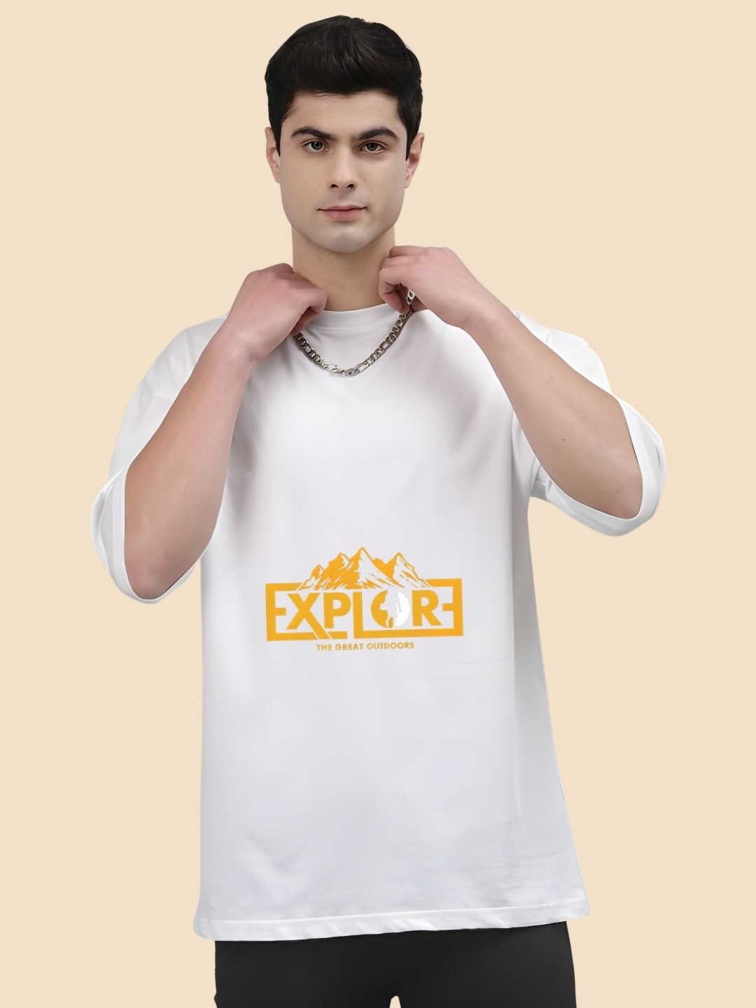 

SZN Men Typography Printed Round Neck Cotton Oversized T-shirt, White