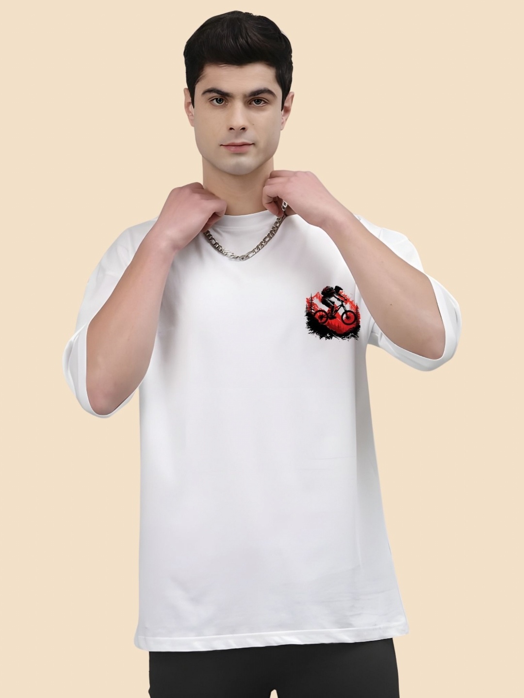 

SZN Men Graphic Printed Round Neck Cotton Oversized T-shirt, White