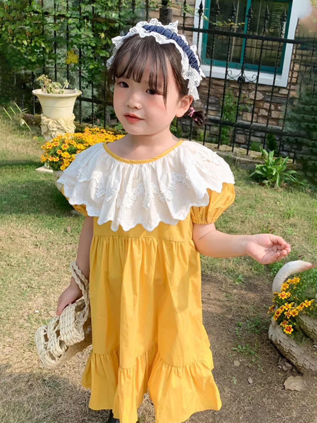 

LULU & SKY Girls Round Neck Puff Sleeves A-Line Dress, Yellow