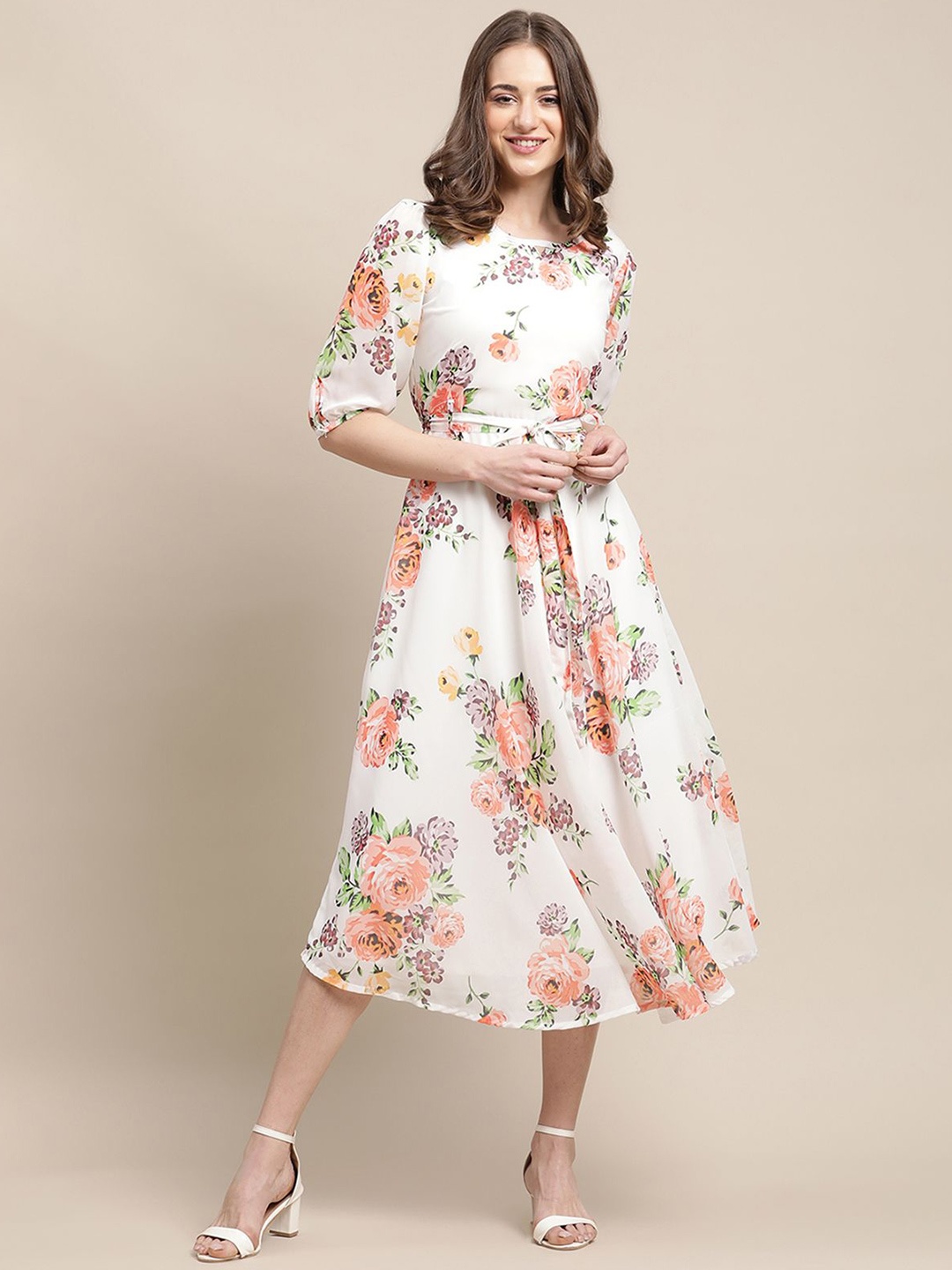 

Tromko Women Floral Printed Keyhole Neck Fit & Flare Midi Dress with a Belt, White