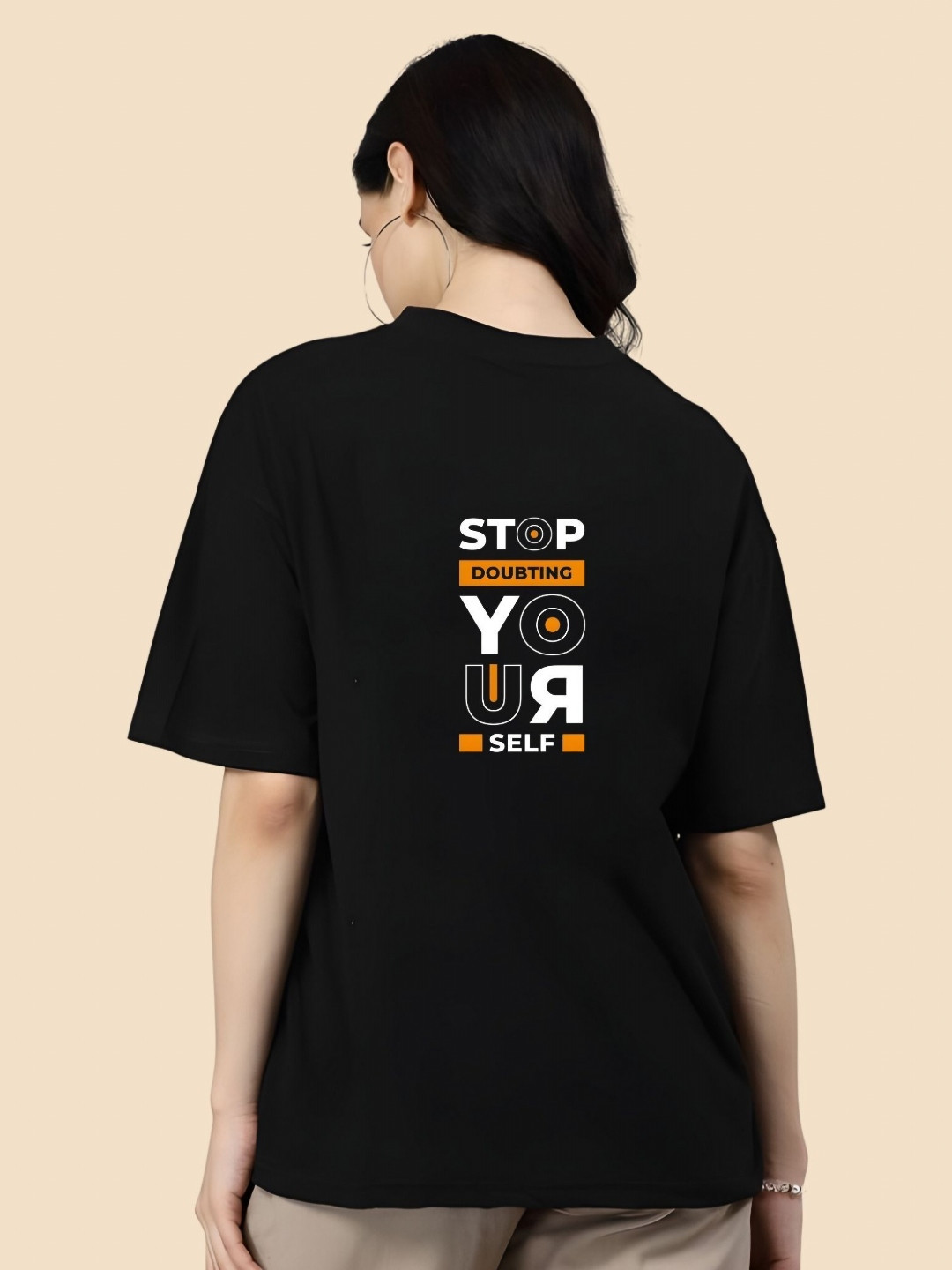 

SZN Women Typography Printed Round Neck Cotton Oversized T-shirt, Black
