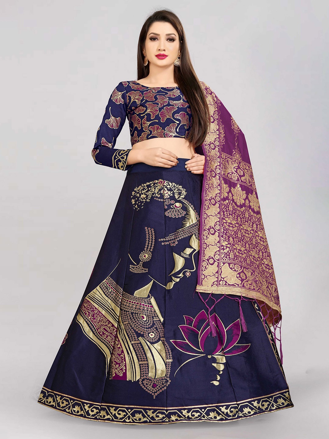 

DIVASTRI Woven Design Jacquard Semi-Stitched Lehenga Choli With Banarasi Dupatta, Navy blue