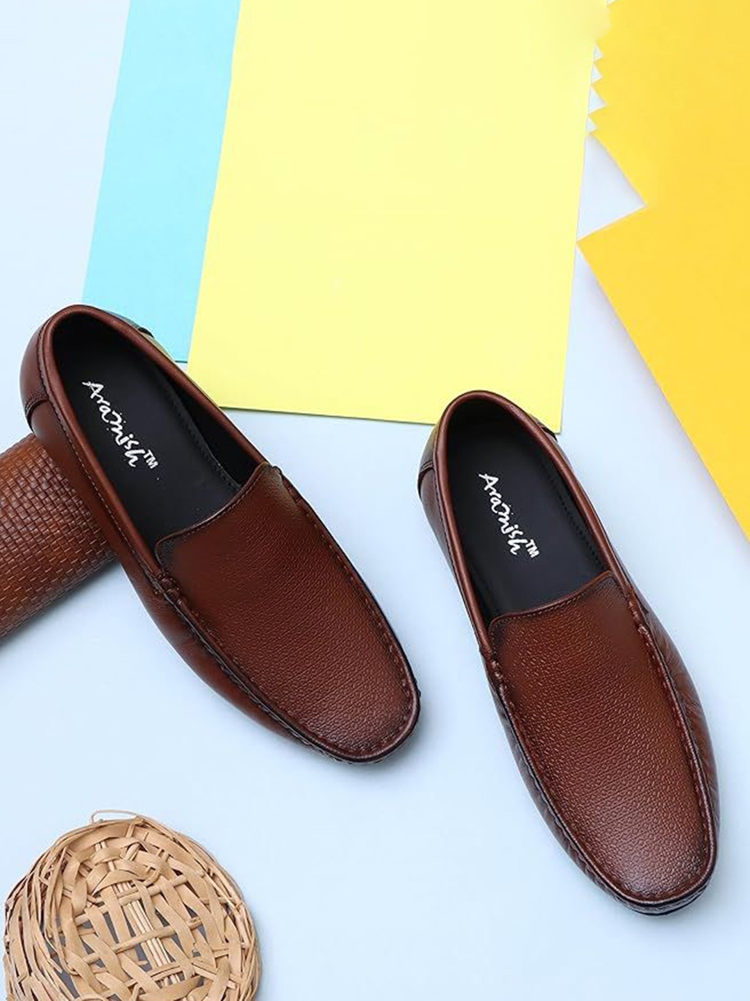 

ARAMISH Men Textured Leather Loafers, Brown