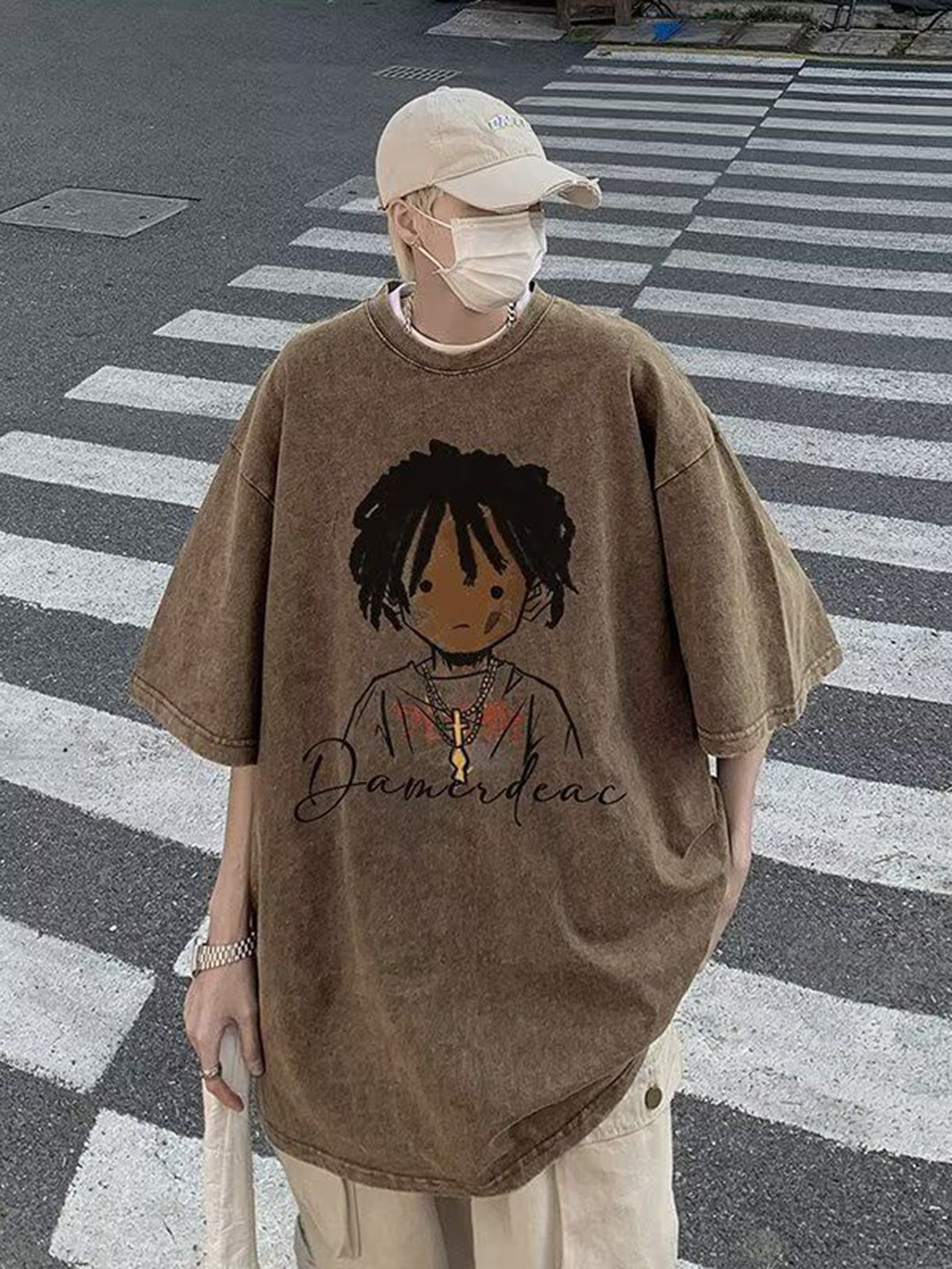 

HERE&NOW Men Graphic Printed Round Neck Oversized T-shirt, Brown
