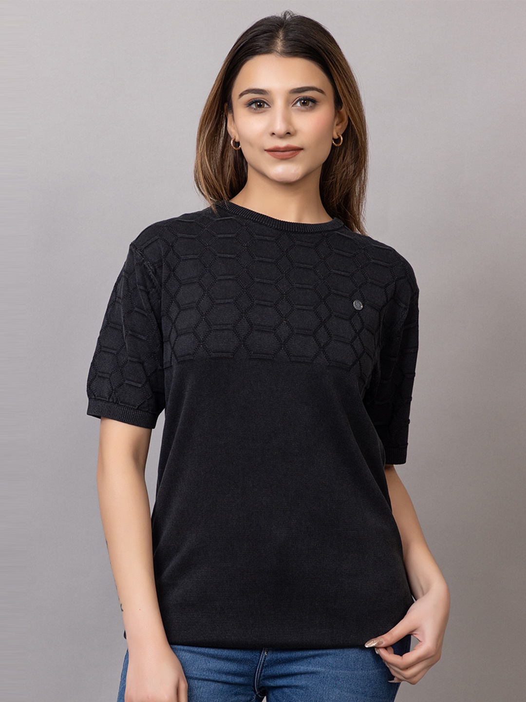 

Wool's Kart Women Self Design Round Neck T-shirt, Black