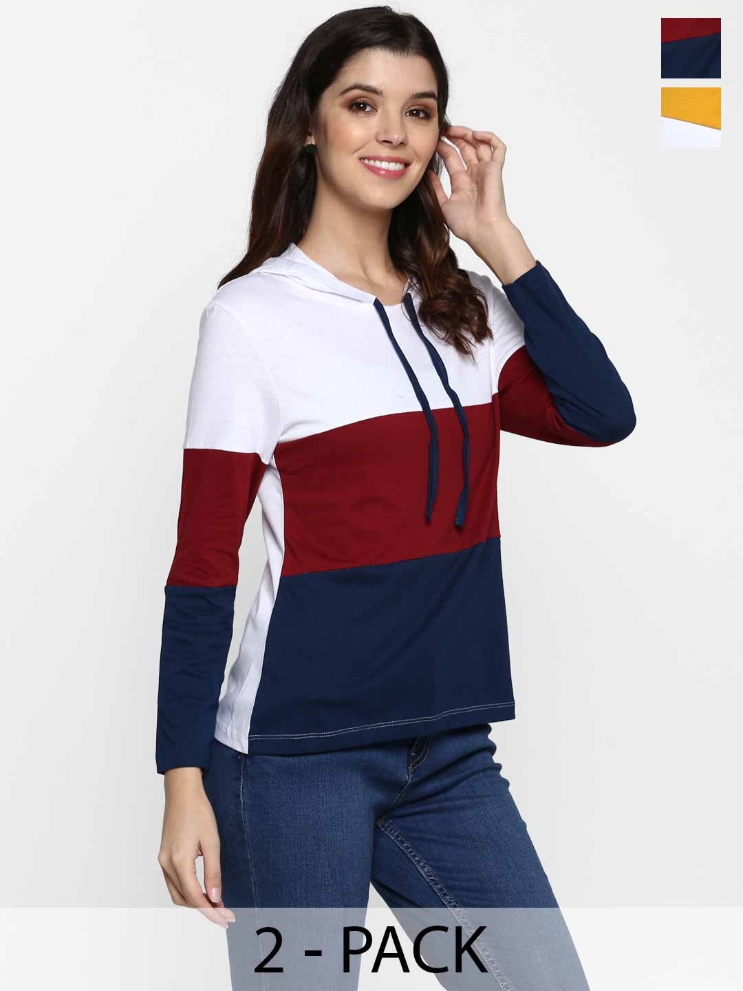 

Moda Rapido Women Pack Of 2 Colourblocked Hood Cotton T-shirts, Yellow