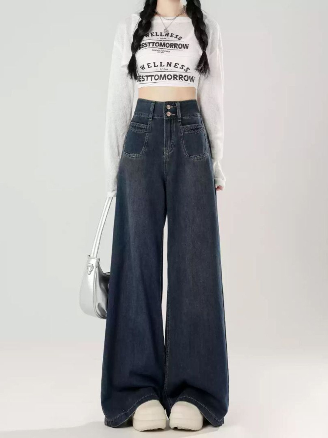 

StyleCast Women Wide Leg Mid-Rise Cotton Jeans, Navy blue