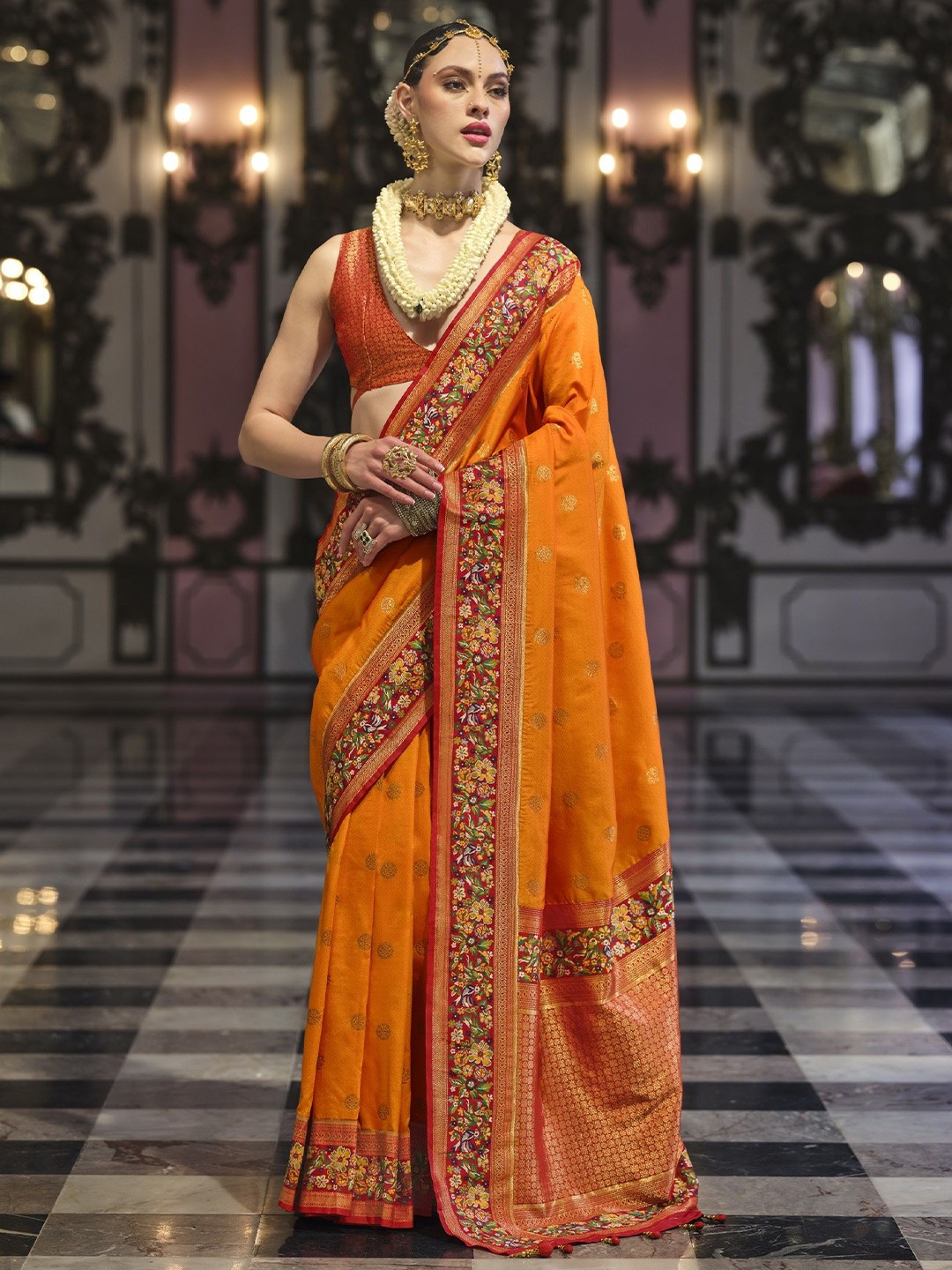 

MAHALASA Woven Design Zari Pure Silk Kanjeevaram Saree, Orange